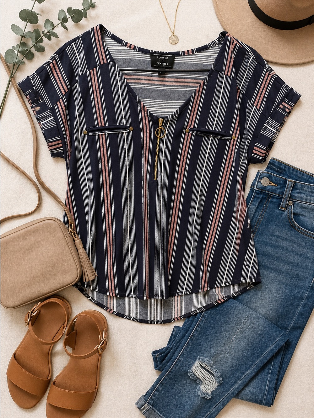 Flower & Feather Striped Zip Front Blouse – Size Large